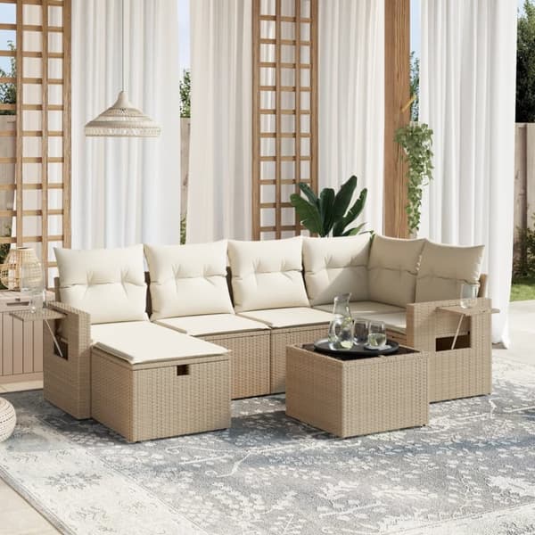 Matgrupp för trädgården med dynor 7 delar beige konstrotting