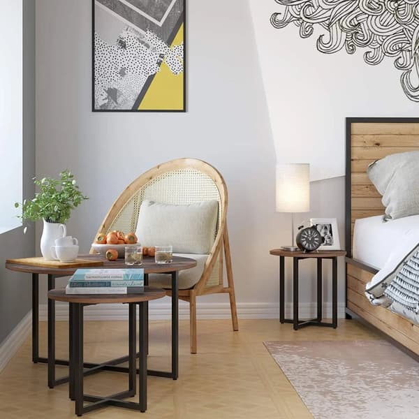 Kaffebord, rundt design, træ- og metal konstruktion