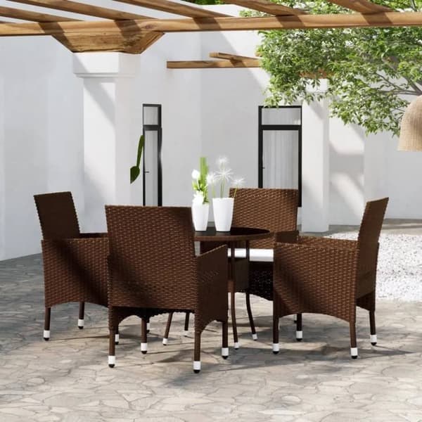 bistrosæt til haven 5 dele polyrattan og hærdet glas brun