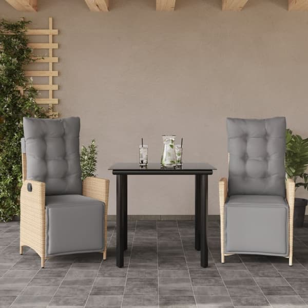 spisebordssæt til haven 3 dele med hynder polyrattan beige