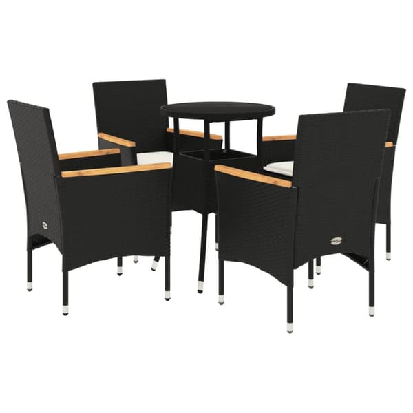 spisebordssæt til haven 5dele m. hynder polyrattan og glas sort