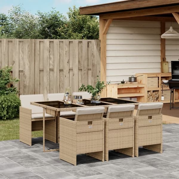 Matgrupp för trädgården med dynor 7 delar beige konstrotting
