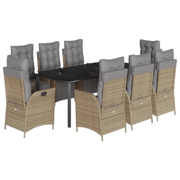 spisebordssæt til haven 9 dele med hynder polyrattan beige
