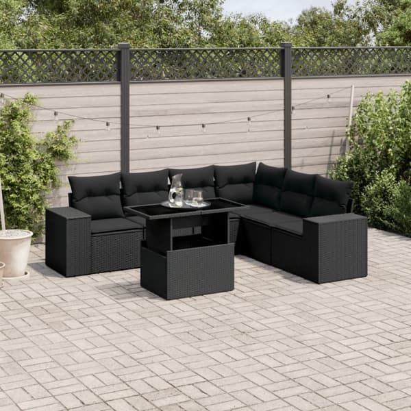 sofasæt til haven 7 dele med hynder polyrattan sort