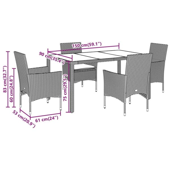spisebordssæt til haven 5dele m. hynder polyrattan og glas sort