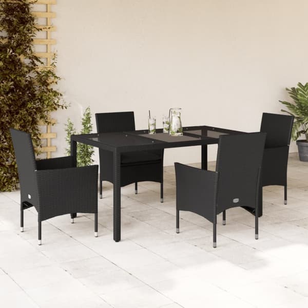 spisebordssæt til haven 5dele m. hynder polyrattan og glas sort