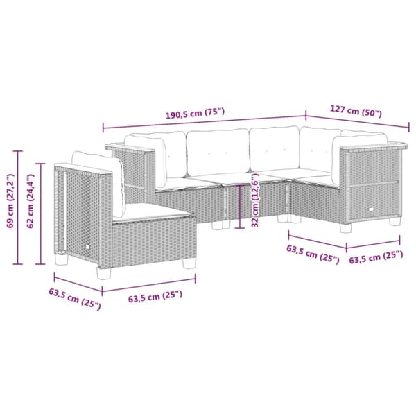 sofasæt 5 dele med hynder polyrattan grå