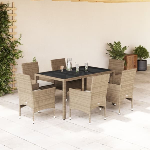 Matgrupp för trädgård med dynor 7 delar beige konstrotting&glas