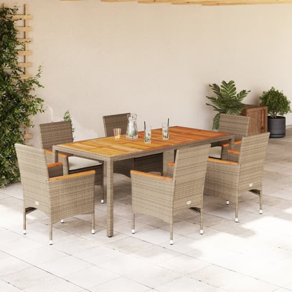 Matgrupp för trädgården med dynor 7 delar beige konstrotting