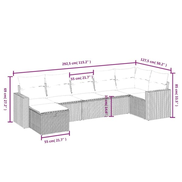 7-osainen puutarhaloungesetti, tyynyillä, ruskea
