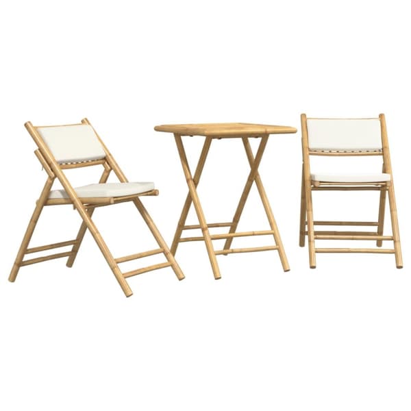 bistrostole 3 stk. foldbare med cremehvide hynder bambus