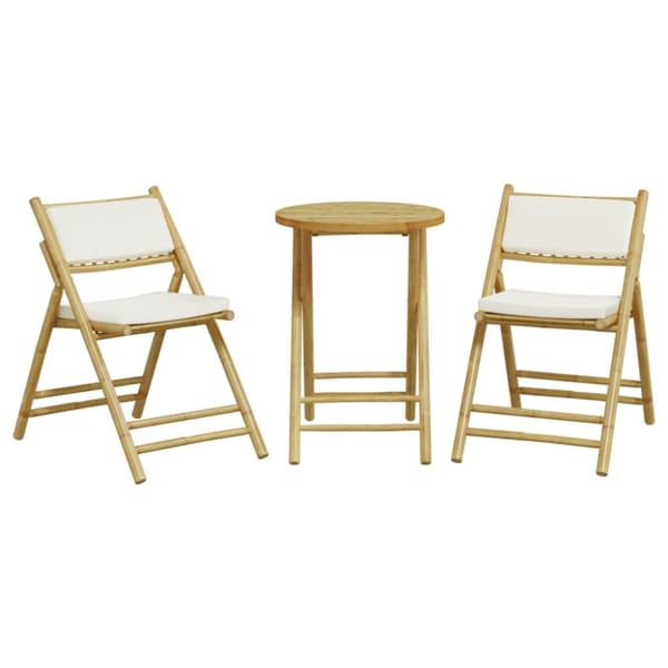 bistrostole 3 stk. foldbare med cremehvide hynder bambus
