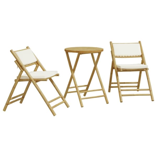 bistrostole 3 stk. foldbare med cremehvide hynder bambus
