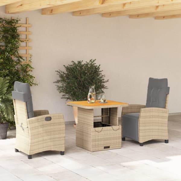 spisebordssæt til haven 3 dele med hynder polyrattan beige