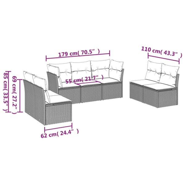 7-osainen puutarhaloungesetti, tyynyillä, vaaleanharmaa