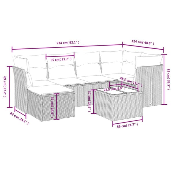 7-osainen puutarhaloungesetti, tyynyillä, vaaleanharmaa