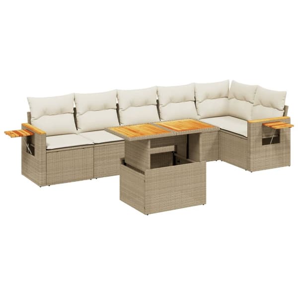 Matgrupp för trädgården med dynor 7 delar beige konstrotting