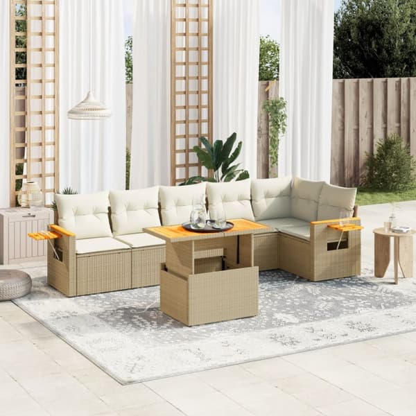 Matgrupp för trädgården med dynor 7 delar beige konstrotting