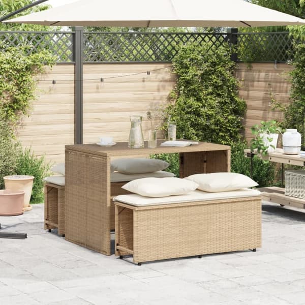 Matgrupp för trädgården 3 delar med dynor beige konstrotting
