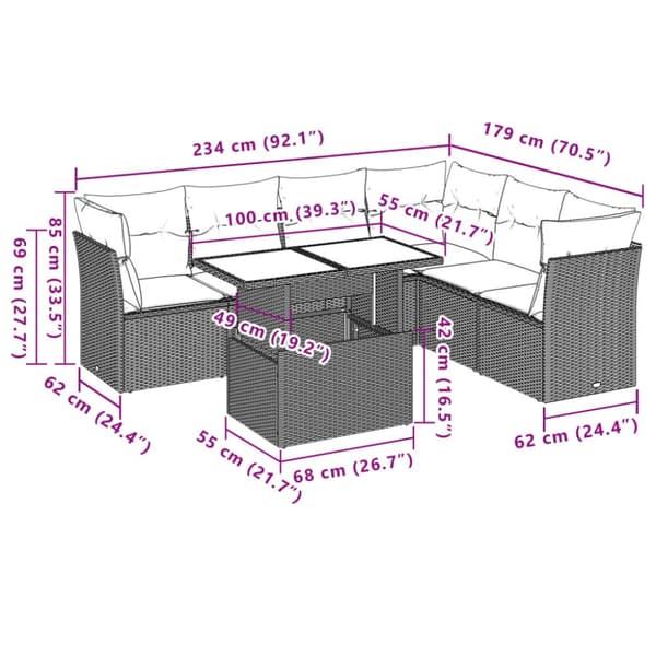 7-osainen puutarhaloungesetti, tyynyillä, ruskea
