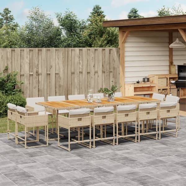 Matgrupp för trädgården med dynor 15 delar beige konstrotting