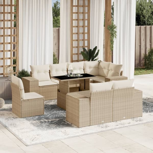 Soffgrupp för trädgården med dynor 9 delar beige konstrotting