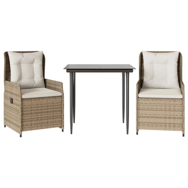 spisebordssæt til haven 3 dele med hynder polyrattan beige