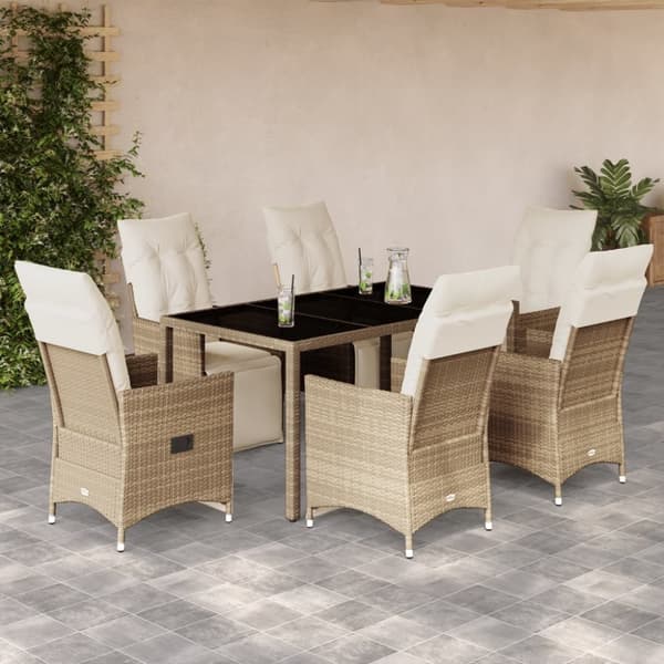 Caféset för trädgården 7 delar med dynor beige konstrotting