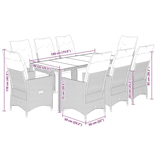 bistrosæt til haven 9 dele med hynder polyrattan beige