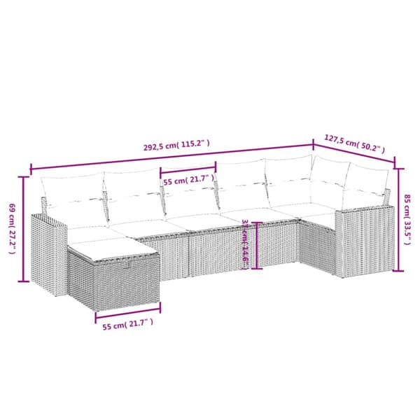 7-osainen puutarhaloungesetti, tyynyillä, vaaleanharmaa