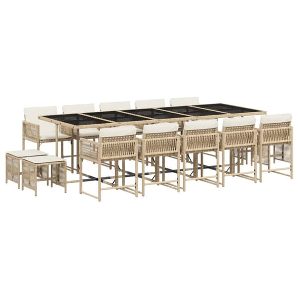 Matgrupp för trädgården med dynor 15 delar beige konstrotting