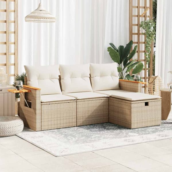 Soffgrupp för trädgård med dynor 4 delar beige konstrotting