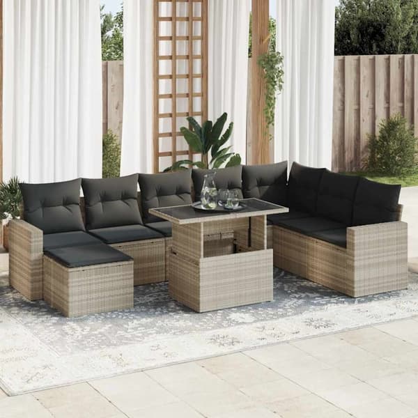 sofasæt til haven 9 dele med hynder polyrattan lysegrå