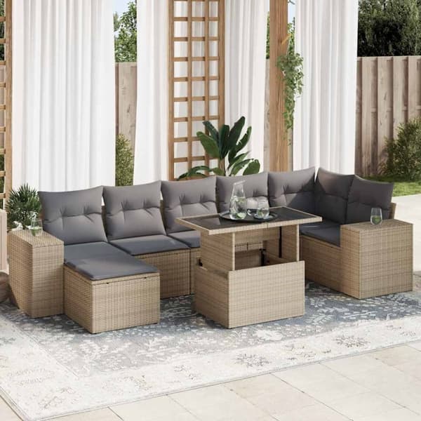 Matgrupp för trädgården med dynor 8 delar beige konstrotting