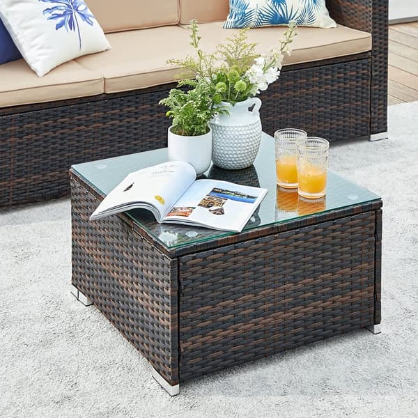 Lounge Set - Garden Furniture Set - Corner Sofa With Table - Glass Top - Brown