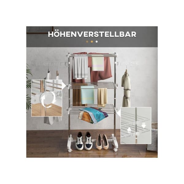 Mobilt torkställ HOMCOM Tredubbelt hopfällbart med hjul, 80-142 x 55 x 152 cm