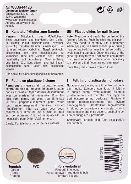 Glide - spets - filt Meister - 644426 - Möbelplastglid med penna, diameter 20 mm, förpackning om 8,