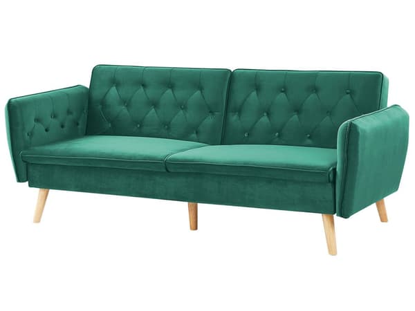 Bäddsoffa Mörkgrön Sammet Stoppad Konvertibel Soffa Modern Design Ryggstöd med Knappar