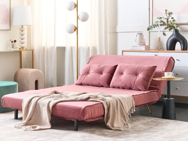 Bäddsoffa Rosa Sammet 2-sits Armlös med 2 Kuddar Metall Guldben Glamour Vardagsrum