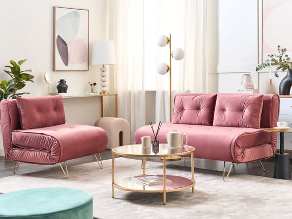 Bäddsoffa Rosa Sammet 2-sits Armlös med 2 Kuddar Metall Guldben Glamour Vardagsrum