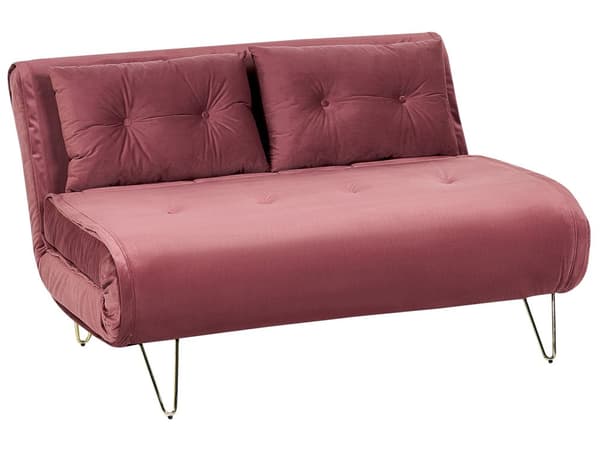 Bäddsoffa Rosa Sammet 2-sits Armlös med 2 Kuddar Metall Guldben Glamour Vardagsrum
