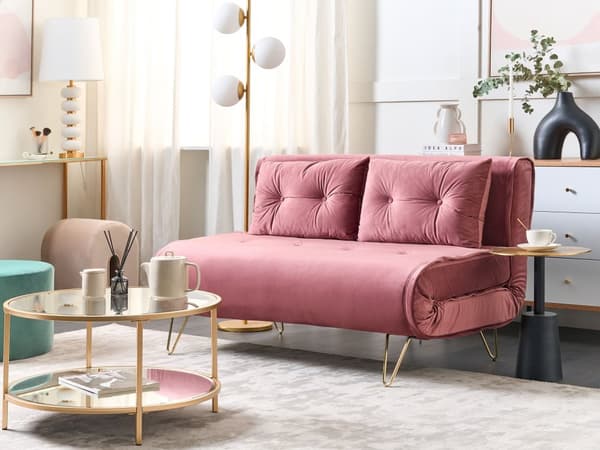 Bäddsoffa Rosa Sammet 2-sits Armlös med 2 Kuddar Metall Guldben Glamour Vardagsrum