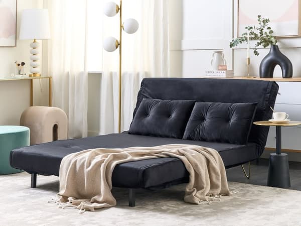Bäddsoffa Svart Sammet 2-sits Armlös med 2 Kuddar Metall Guldben Glamour Vardagsrum