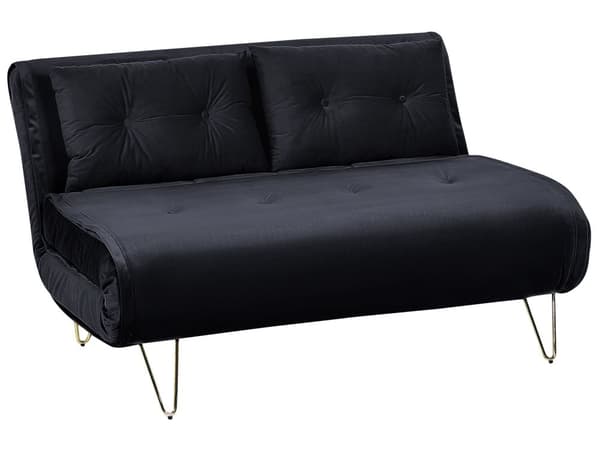 Bäddsoffa Svart Sammet 2-sits Armlös med 2 Kuddar Metall Guldben Glamour Vardagsrum