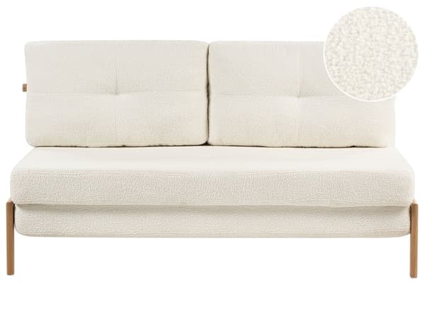 Bäddsoffa Vit Boucle Tyg 2 Sitsar Kuddar Skandinavisk