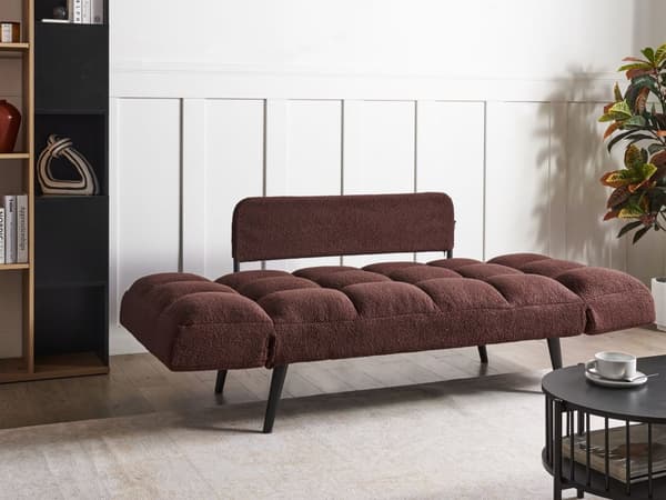 Bäddsoffa Brun Boucle Metallben 2-sits Soffa Sovfunktion Justerbara Armstöd Modern