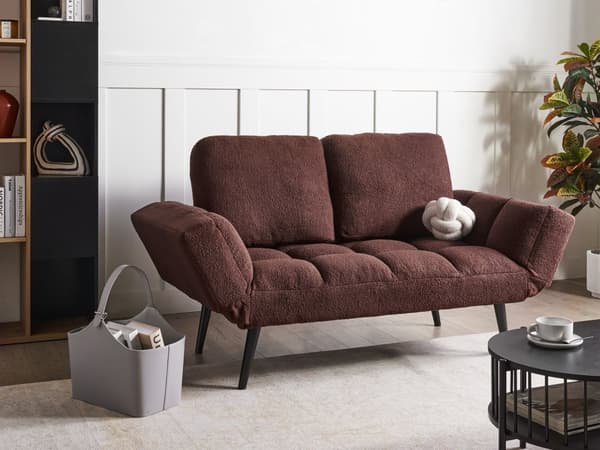 Bäddsoffa Brun Boucle Metallben 2-sits Soffa Sovfunktion Justerbara Armstöd Modern