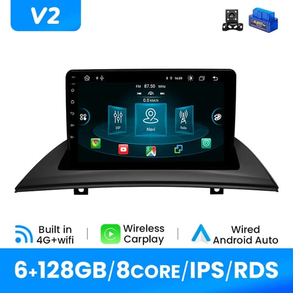 Carplay multimedieafspiller, trådløs forbindelse, GPS-navigation, V2(6G 128G)OBD Cam