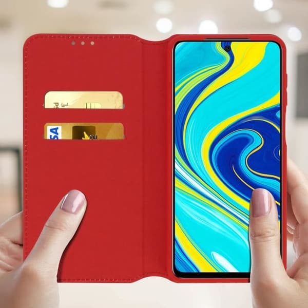 Fodral - AVIZAR - Xiaomi Redmi Note 9S/Pro/Pro Max - Ekologisk läder - Röd - Inbyggt stöd
