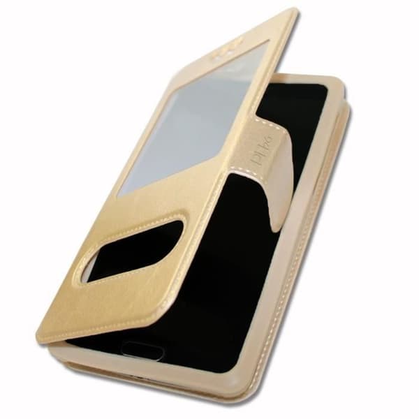 Alcatel 1 (2019) Extra Slim Gold Folio Case X 2 Windows i ekologiskt kvalitetsläder med magnetisk stängning och sömmar